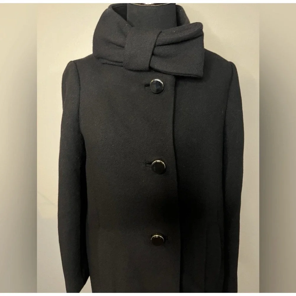 Kate Spade Women's Bow Neck Ribbon Coat Size 0 Black Wool Peacoat Front Button